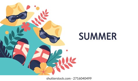Fondo de vacaciones de verano brillante con sombreros de paja, gafas de sol, sandalias y flores tropicales sobre un fondo verde azulado y blanco con texto.
