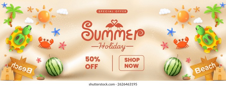 Bright summer holiday sale banner with tropical icons, including crabs, turtles, starfish, and watermelons on beach background. Includes promotional messaging for  cheerful and engaging advertisement.