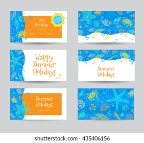 Bright Summer Holidays card with sea elements. Sea pattern with seashells and starfish. Place for your text. Template frame design for business card, label, tag, ticket. Marine life vector background.