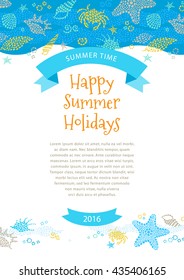 Bright Summer Holidays card with sea elements. Sea pattern with seashells, starfish. Place for your text. Template frame design for banner, placard, invitation, poster. Marine life vector background.