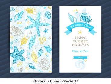 Bright Summer Holidays cards with sea elements. Sea pattern with seashells and starfish. Place for your text. Template frame design for banner, placard, invitation. Marine life vector background.