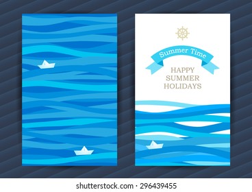 Bright Summer Holidays cards with sea elements. Sea pattern with paper boat and waves. Place for your text. Template frame design for banner, placard, invitation. Blue vector background.