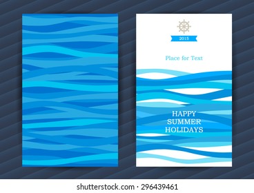 Bright Summer Holidays cards with sea elements. Sea pattern with blue waves. Place for your text. Template frame design for banner, placard, invitation. Marine life vector background.