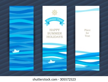 Bright Summer Holidays cards with sea elements. Sea pattern with paper boat and waves. Place for your text. Template frame design for banner, placard, invitation. Blue vector background.