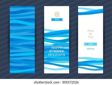 Bright Summer Holidays cards with sea elements. Sea pattern with waves. Place for your text. Template frame design for banner, placard, invitation. Blue vector background.