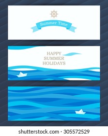 Bright Summer Holidays cards with sea elements. Sea pattern with paper boat and waves. Place for your text. Template frame design for banner, placard, invitation. Blue vector background.