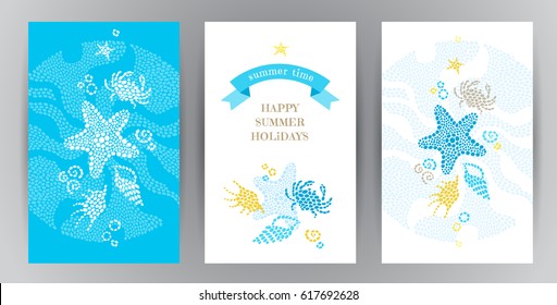 Bright Summer Holidays cards with sea elements. Sea pattern with seashells and starfish. Place for your text. Template frame design for banner, placard, invitation. Marine life vector background.