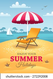 Bright summer holidays poster with orange deck chair and striped pink sun umbrella on the beach with landscape of blue sea, sky, yacht and palm trees on horizon as a background