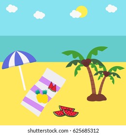 Bright summer holidays poster with  sun umbrella on the beach with landscape of blue sea, sky, yacht and palm trees on horizon as a background