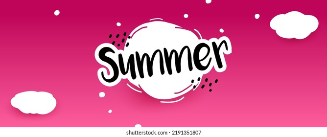Bright summer horizontal banner with Place for text. White bubble with world summer on Red background. Vector illustration template.