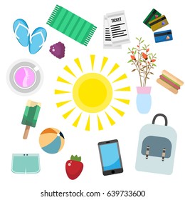 Bright summer icons on white background