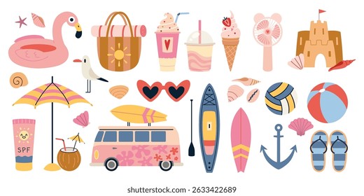 Bright summer icons set with beach items, desserts, accessories and sea elements. Vacation vibes and seaside adventures. Trendy modern vector illustration isolated on white, hand drawn, flat design