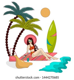 Bright summer illustration: a girl in a hat and swimsuit is resting on the beach under palm trees, by the sea, there is a surfboard nearby. Vacation. Relaxation. Sunbathe. Beach. The sun. Heat.