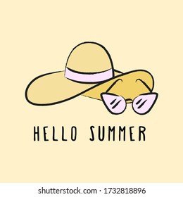 Bright summer illustration with glasses, a hat and an inscription.