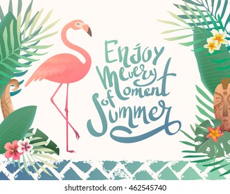 Bright summer illustration with lettering. Print with tropical plants and a flamingo. Text enjoy every moment of summer