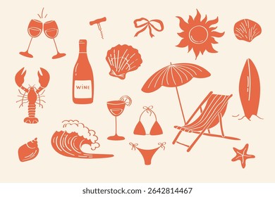 Brilhante pacote de ilustração de verão com fundamentos de praia: lagosta, vinho, sol, guarda-sol, biquíni, ondas, prancha de surfe e conchas. Perfeito para férias ensolaradas ou projetos de viagem.