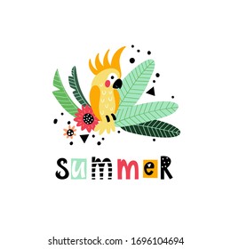 Bright summer illustration with parrot decorated with tropical plants and text summer. Summer vacation design. Background with hand drawing vector elements and lettering.