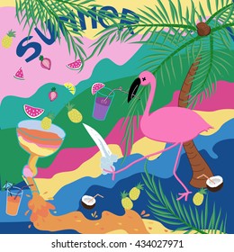 Bright summer illustration with pink flamingo, tropic fruits, palm and coconuts. Cartoon wallpaper.