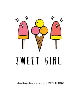 Bright summer illustration with popsicle, ice cream in the horn and the inscription.