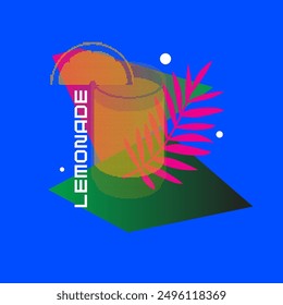 A bright summer illustration shows lemonade. Citrus fruit juice in a glass with abstract elements on the background. An image for your design.