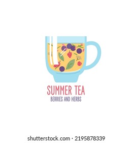A bright summer illustration shows a tea drink. Juice from fruits and berries in a glass. An image for your design.