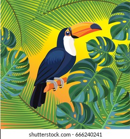 Bright summer illustration with tropic plants and toucan bird.
