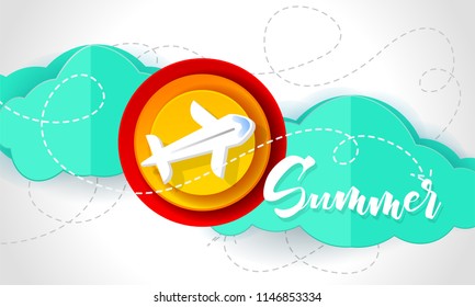 Bright summer illustration vector background for summer travel background with airplane for travel advertising. Summer time Bright background.