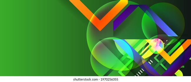 Bright Summer juicy colors green background with geometric elements, lines and dots for text, universal design, banner concept