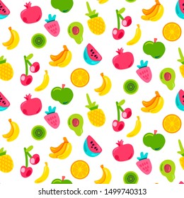 Bright Summer Juicy Fruit Painted Seamless Pattern. Fun Kid Style Repeat Background. Tropical Print with White Backdrop. Colorful Nature Wallpaper. Flat Cartoon Vector Illustration
