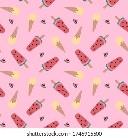 Bright summer juicy vector pattern of elements - watermelon ice cream and ice cream in a straw. Creates a summer mood, perfect for summer prints and scrapbooking.
