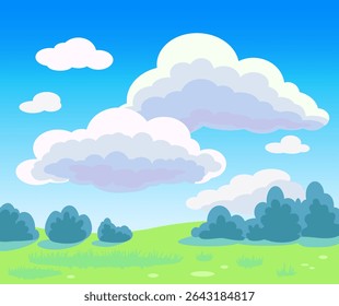 Bright summer landscape, field, trees and clouds. Vector illustration. Hand drawing, not AI.