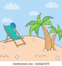 Bright summer landscape with palm trees, hat and recliner. Vector illustration.