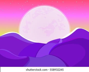Bright summer landscape. Romantic landscape. Large moon in the sky. Beautiful bright background.