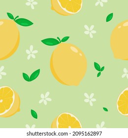 Bright summer lemon fruit seamless pattern background with flowers, leaves and blossoms