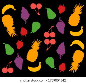 Mínimo de verano brillante ilustración de vectores de fruta plana con banana, piña, uva, cereza, fresa, siluetas de pera. Fondo de verano.