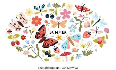 Bright summer nature Round composition with butterflies, flowers, berries, dragonflies and leaves on white background. Trendy modern vector illustration, hand drawn, flat design