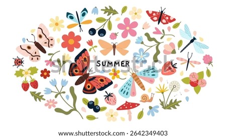 Bright summer nature Round composition with butterflies, flowers, berries, dragonflies and leaves on white background. Trendy modern vector illustration, hand drawn, flat design