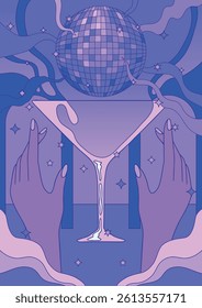 bright summer night illustration in pop art style, hands, cocktail and disco ball	