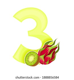 Bright Summer Number with Dragon Fruit and Kiwi Vector Illustration