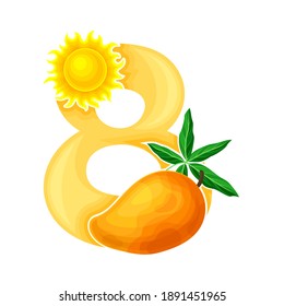 Bright Summer Number Eight with Shining Sun and Ripe Mango Fruit Vector Illustration