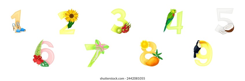 Bright Summer Number with Sunny Season Attributes Vector Set