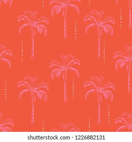 Bright  Summer Palm and coconut trees silhouette on the vivild orange background. Vector seamless pattern with tropical plants design for fashion,fabric wallapaper and all prints 