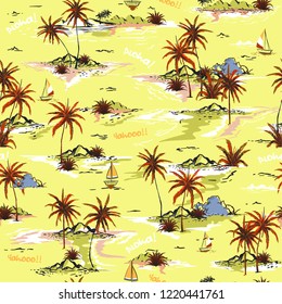 Bright summer pastel Beautiful seamless island pattern on white background. Landscape with palm trees,beach and ocean vector hand drawn style on yellow color background.