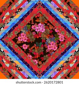 Bright summer patchwork pattern in red, gold, pink, blue and brown tones. Butterflies, flowers, candies, colorful stripes. Beautiful print for a napkin, carpet, pillow, bedspread, shawl in folk style.