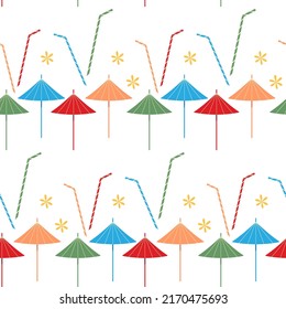 Bright summer pattern with an abstract image of colorful cocktail accessories in trendy hues.