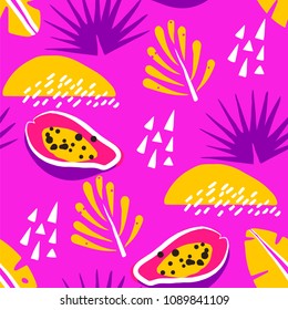 Bright summer pattern with abstract papaya and cute tropical plants on pink background. Ornament for textile and wrapping. Vector.