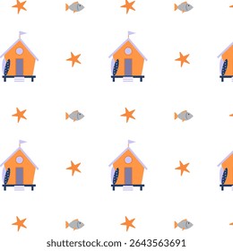 Bright summer pattern with beach house for kids design and decor