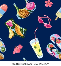 Bright summer pattern, beach and pool fun background. Vector seamless pattern.