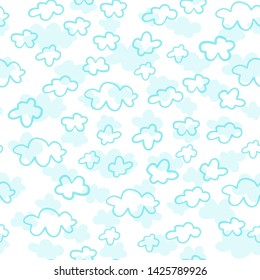 Bright summer pattern with blue cloud on white background. Set of cute summer hand drawn labels, logos, tags and elements for holiday, travel, beach vacation