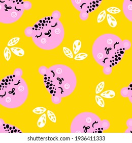 Bright summer pattern with cheetah. Seamless illustration with pink faces on a yellow background